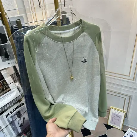 兔子刺绣拼接卫衣女新款2023爆款无帽圆领宽松薄款插肩袖上衣春秋商品大图