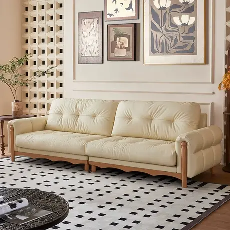 顾家家居实木榉木实木奶油风简约轻奢家用客厅猫抓皮羽绒直排沙发商品大图