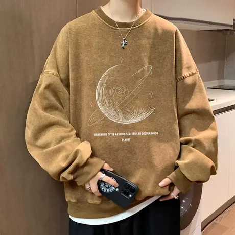 圆领卫衣男春秋季美式宽松水洗做旧纯棉长袖t恤男潮牌印花打底衫商品大图