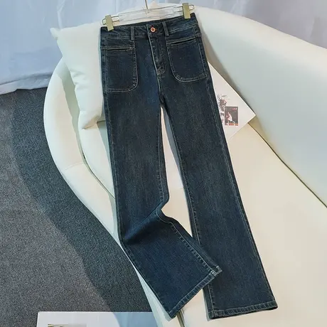 拉夏贝尔时尚微喇牛仔裤女2025秋季新款高腰显瘦修身前口袋喇叭裤图片