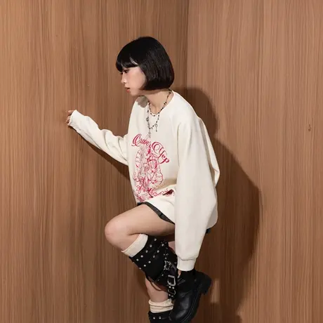 YEP复古印花圆领卫衣女春秋2025新款加厚插肩袖套头无帽上衣加绒商品大图