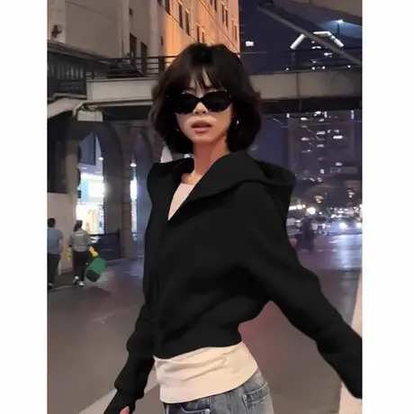 黑色短款卫衣外套女款早秋女小个子修身连帽收腰短上衣秋季穿搭bm商品大图