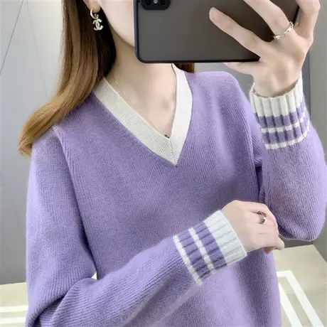 V领针织打底衫女内搭初秋2022款套头慵懒奶系软糯洋气毛衣女上衣图片