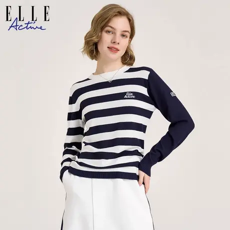 【团】ELLE Active法式蓝白条纹针织衫女刺绣字母内搭毛织上衣商品大图