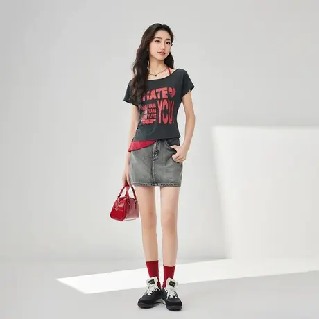 IEF/爱依服2025夏季新款美式潮酷个性辣妹气质设计感百搭短袖上衣图片