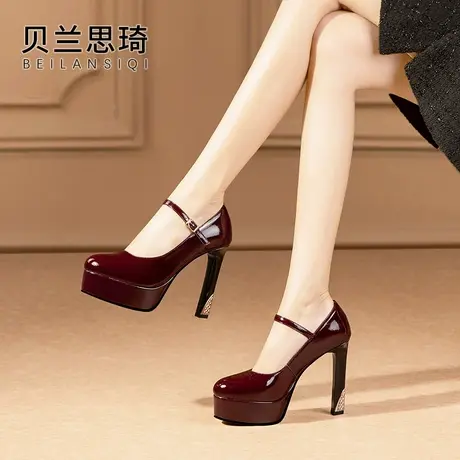 真皮酒红一字带厚底粗跟单鞋女2025春秋走秀模特防水台超高跟鞋商品大图