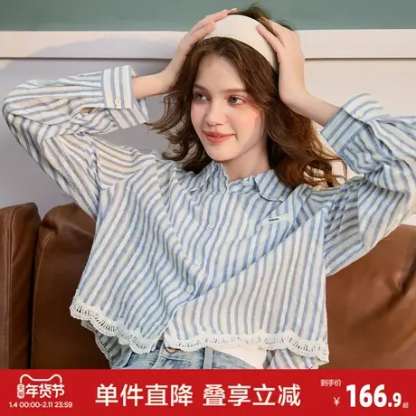 唐狮2026春季新款长袖衬衫女条纹上衣超短款宽松蕾丝花边开衫外套商品大图