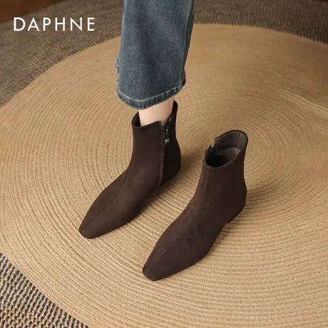 达芙妮绒面切尔西短靴女2025新款棕色绒面平底瘦瘦靴复古棕色靴子图片