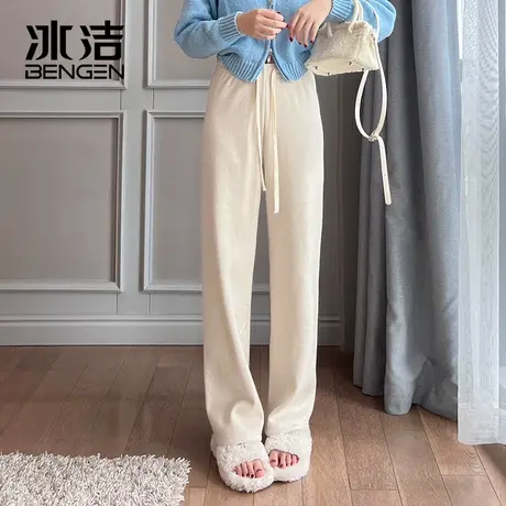 冰洁羊绒阔腿裤女2023秋新款高腰垂感休闲直筒松紧腰抽绳长裤LBDS商品大图