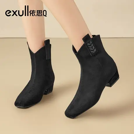 exull/依思Q2025秋冬复古瘦瘦靴女法式方头粗跟内增高短筒弹力靴图片