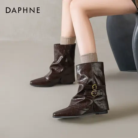 达芙妮棕色尖头裤管小短靴女2025新款秋冬内增高靴子美拉德中筒靴商品大图