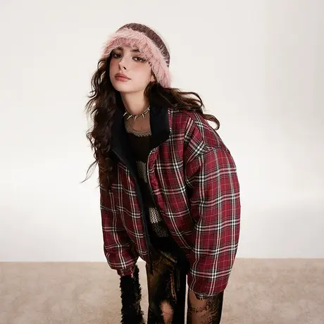 两面穿加厚冬季外套2023新款立领格子棉服女美式潮牌复古宽松棉衣图片