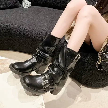 韩式复古西部牛仔靴女2023秋冬爆款高跟堆堆靴显瘦褶皱中筒马丁靴图片