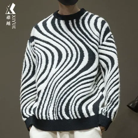 希越700G重磅套头毛衣男宽松大码秋冬设计感水波纹撞色打底针织衫商品大图