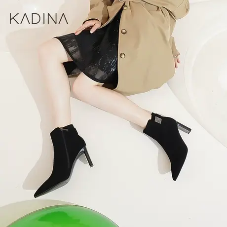 卡迪娜新款饰扣增高女靴高跟羊反绒面革时装靴KA221559商品大图