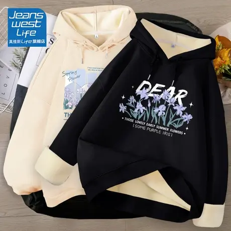 真维斯LIFE黑色连帽卫衣女秋冬新款2023加绒加厚美式复古长袖外套商品大图