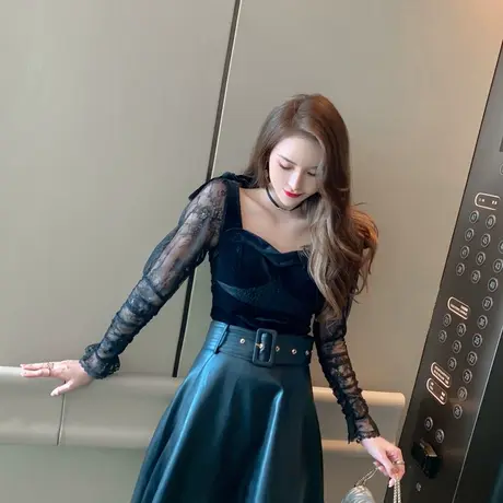 秋上衣女设计感小众法式修身显瘦方领抹胸洋气丝绒T恤女时尚小衫商品大图