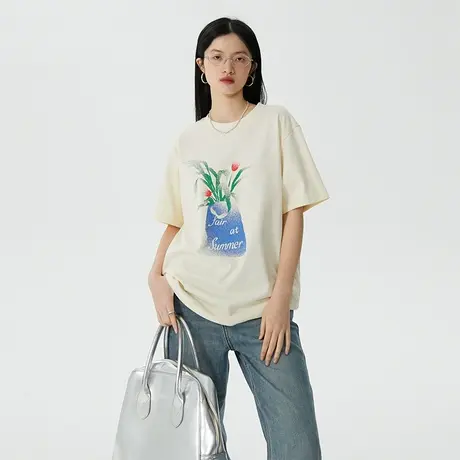 omont蛋挞家 宽松印花短袖T恤女夏季年新款复古休闲显瘦上衣商品大图