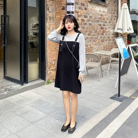 【清仓】季新款法式大码直筒撞色拼接假件两胖MM连衣裙显瘦遮肚子商品大图