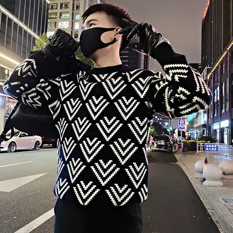 毛衣男冬季2023新款轻熟宽松休闲针织衫上衣冬款加厚菱格提花线衣商品大图