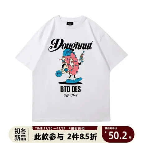 美式复古嘻哈短袖t恤男欧美风hiphop抢劫甜甜圈港味chic宽松上衣商品大图