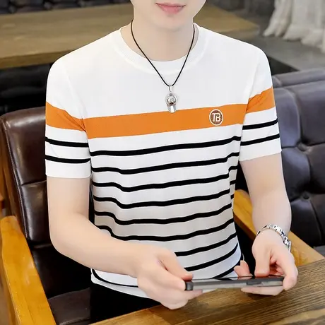 条纹t恤男冰感透气夏装潮流高端名牌冰丝针织半袖帅气修身体恤衫商品大图