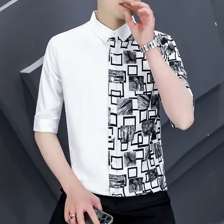 潮牌个性短袖衬衫男夏季设计感小众夜场发型师免烫痞帅中袖花衬衣商品大图