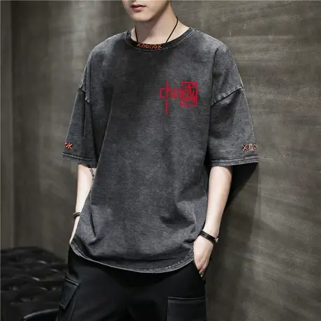 牛仔短袖T恤男士ins潮流宽松休闲半袖体恤夏季2025新款男生上衣服图片