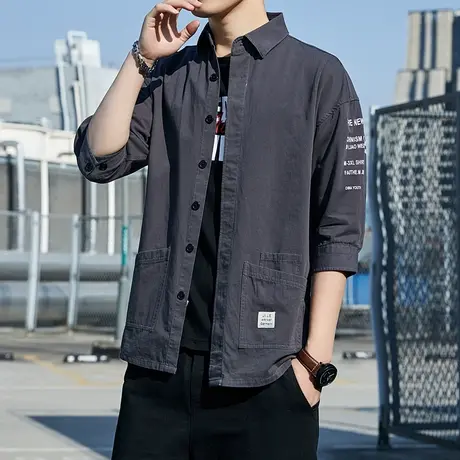 男士七分袖衬衫休闲宽松工装衬衣男外套夏季薄款男装夏装棉感短袖商品大图