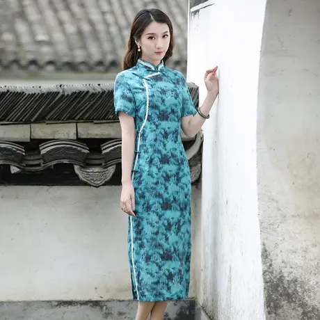 筠雅旗袍年轻款日常可穿长款复古气质印花短袖透气纯苎麻连衣裙图片