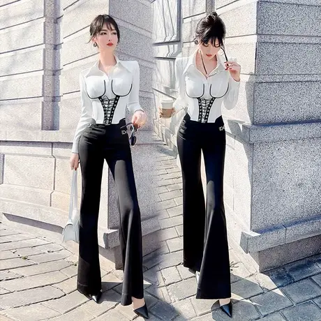 VJE春季黑色高腰休闲裤子新款气质修身简约时尚垂感微喇叭裤图片