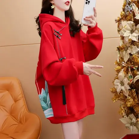 加绒加厚连帽卫衣女2023新款秋冬时尚洋气减龄网红宽松设计感外套图片