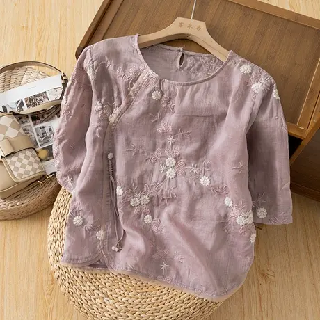 享永子短袖重工刺绣苎麻小衫女文艺复古棉麻上衣气质2024夏季新款商品大图