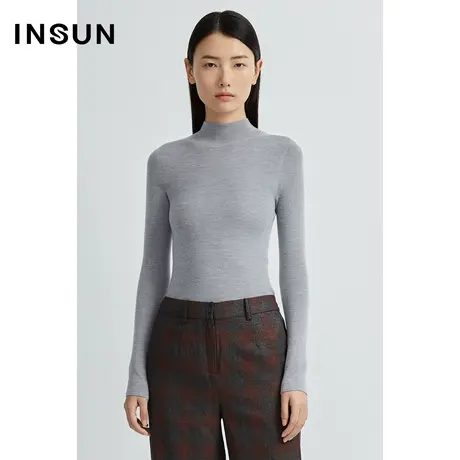 INSUN恩裳冬季修身立领纯色打底毛针织衫商品大图