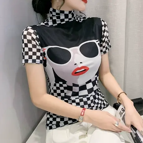 设计感印花上衣女短袖2024春秋新款时尚半高领打底衫气质网纱T恤商品大图