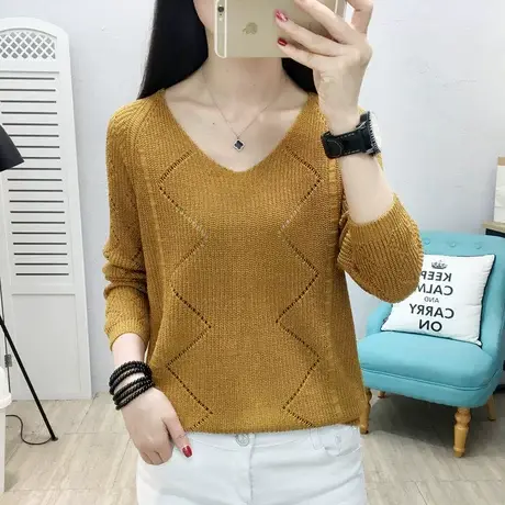 2022新款春装很仙的上衣洋气薄毛衣女百搭V领宽松打底镂空针织衫图片