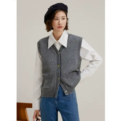 弥古灰色马甲背心修身v领毛衣针织衫女秋冬外穿内搭叠穿坎肩马夹商品大图