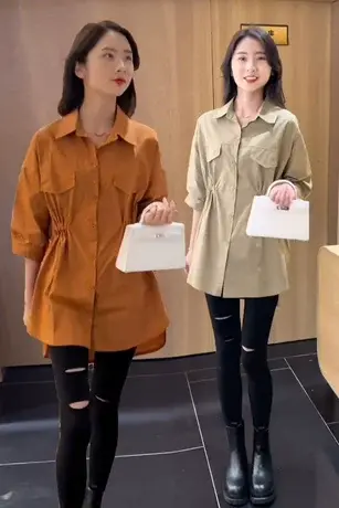 欧版中长款收腰衬衫裙2023夏季新款宽松显瘦工装抽绳衬衫休闲衬衣商品大图