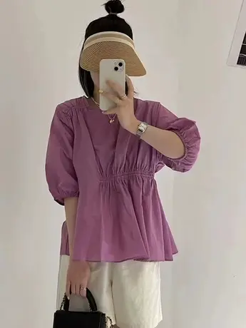 夏季小清新宽松收腰抽褶短袖套头衬衫女设计感小众上衣洋气质小衫商品大图