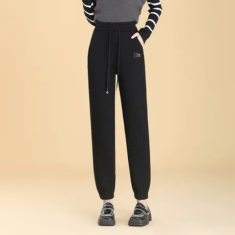 2023秋冬新款休闲裤女松紧高腰羊毛呢束脚哈伦裤百搭显瘦运动卫裤图片