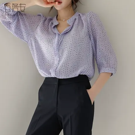 百洛安职业气质五分袖衬衣上衣女2023秋新轻熟风小众波点印花衬衫商品大图
