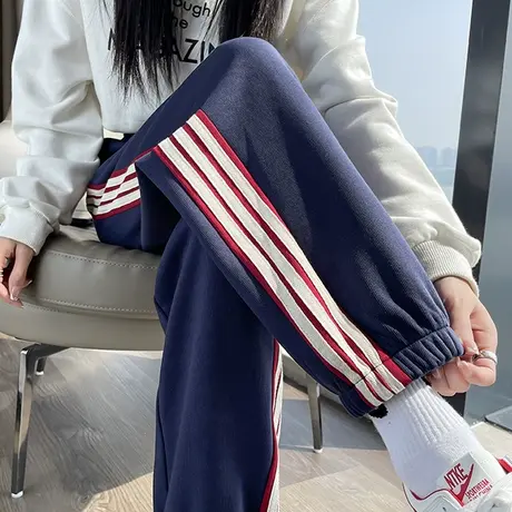 蓝色运动裤女束脚2024年秋冬新款高腰宽松显瘦休闲百搭条纹卫裤潮图片