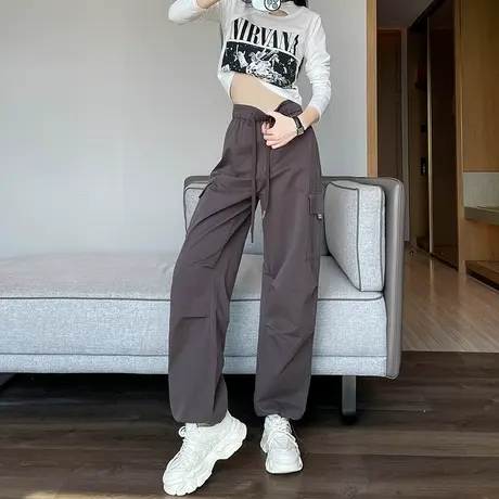 灰色美式复古工装裤女秋季新款高腰抽绳户外登山裤休闲阔腿运动裤图片
