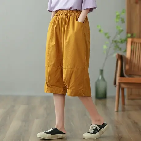 dza 高腰显瘦纯棉休闲裤女2023夏季五分中裤直筒裤宽松百搭阔腿裤商品大图