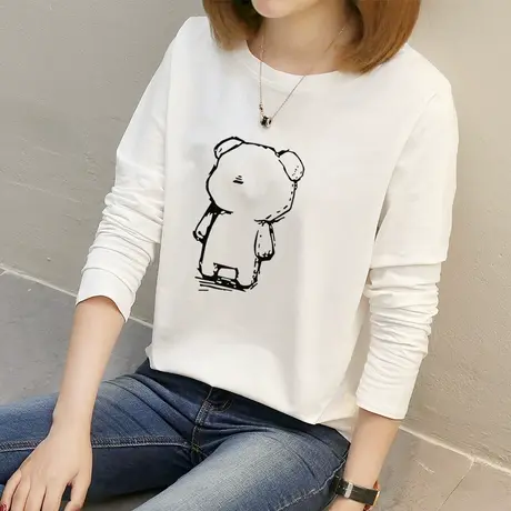纯棉打底衫小熊t恤女长袖春装2022年新款韩版基础款学生洋气上衣商品大图