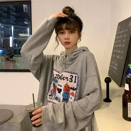 灰色卫衣女秋冬加绒加厚2024新款美式hiphop高街趣味印花可爱外套图片