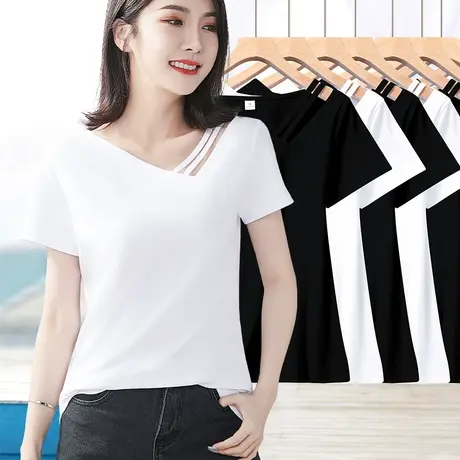 白色修身打底衫双线条斜v领体恤衫新款设计感女士上衣短袖t恤内搭商品大图