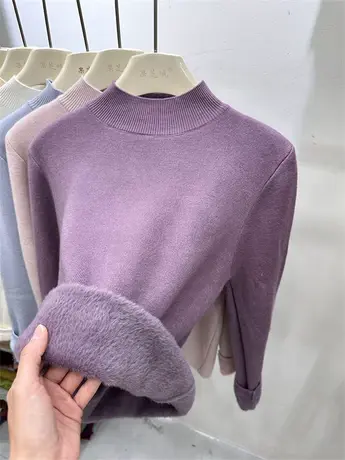 欧货加绒水貂绒半高领毛衣女秋冬季新款加厚保暖上衣一体绒打底衫商品大图