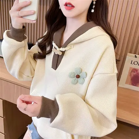 设计感小众卫衣女2023新款秋冬季韩版宽松加绒加厚华夫格撞色外套图片