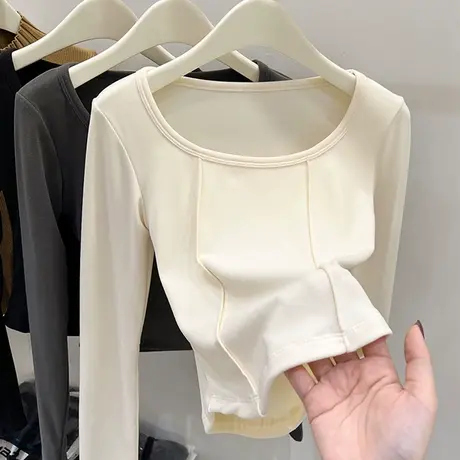 秋冬短款打底衫女内搭加绒加厚德绒正肩长袖T恤修身上衣外穿秋衣商品大图